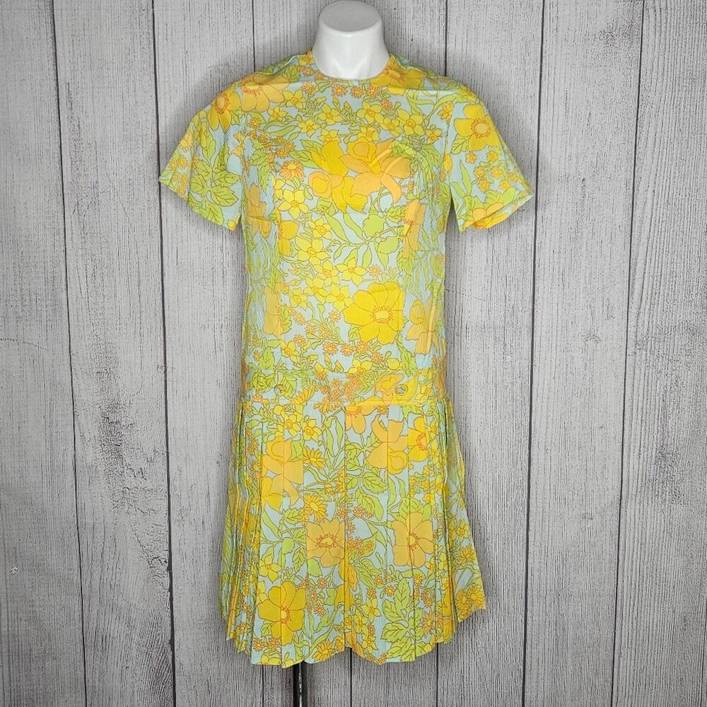 VTG 60s Psychedelic Floral Drop Waist Pleated Skirt Midi Dress, size Small